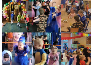 Kolaż zdjęć dzieci z grupy Żabki podczas zabawy karnawałowej.