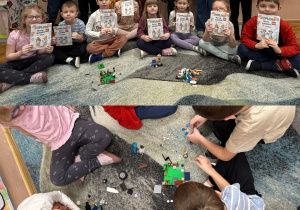 Dzieci pozują na tle dekoracji ze swoimi budowlami oraz dyplomami mistrzów budowania z klocków Lego oraz układają na dywanie różne budowle