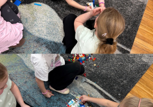 Dzieci układają na dywanie wylosowane grupowe zadania