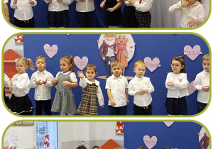 Kolaż prezentujący dzieci w trakcie śpiewania piosenki.