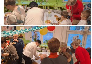 Dziadkowie i dzieci wspólnie częstują się słodkimi przekąskami przygotowanymi na zakończenie uroczystości.