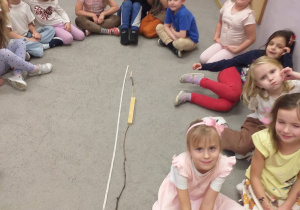 Zdjęcie przedstawia dzieci mierzące uszeregowane patyki.