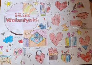 Plakat z okazji walentynek pomalowany przez dzieci.