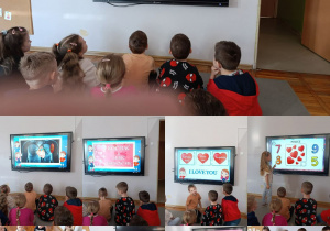 Kolaż zdjęć przedstawiający dzieci z grupy Misie podczas zabaw z okazji walentynek