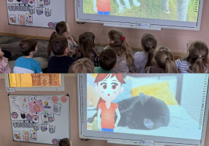 Kolaż przedstawia dzieci oglądające filmy edukacyjne o kotach na tablicy multimedialnej