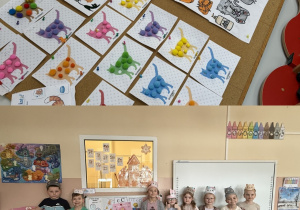 Kolaż przedstawia prace wykonane przez dzieci oraz dzieci pozujące przy dekoracji w opaskach kotów