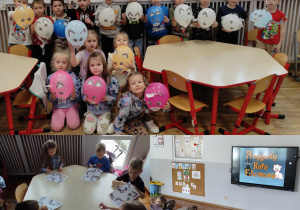 Kolaż zdjęć przedstawiający dzieci z grupy Misie podczas wykonywania pracy plastycznej z wykorzystaniem balonów oraz podczas oglądania bajki „Przygody Kota Filemona”.