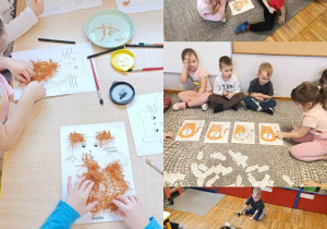 Kolaż zdjęć dzieci z grupy Stokrotki podczas zabaw z okazji Dnia Kota.