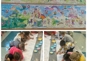 Dzieci kolorują kolorowankę z postaciami bajkowymi mazakami i dekorują kolorową solą.