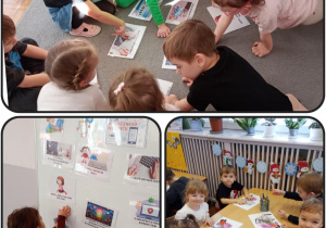 Kolaż prezentujący dzieci z grupy Biedronki w trakcie poznawania zasad bezpiecznego korzystania z Internetu oraz kolorowania obrazka.