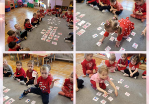 Kolaż zdjęć dzieci podczas zabawy w memory walentynkowe