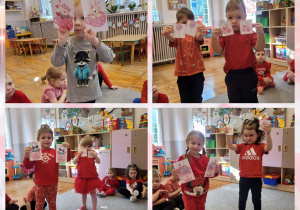 Kolaż zdjęć dzieci podczas walentynkowych zabaw muzyczno-ruchowych