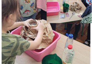 Kolaż zdjęć przedstawiający dzieci podczas przygotowywania wulkanu.