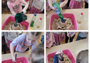 Kolaż zdjęć przedstawiający dzieci podczas przygotowywania wulkanu.