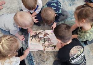 Słoneczka siedzą na dywanie i oglądają książkę o dinozaurach.