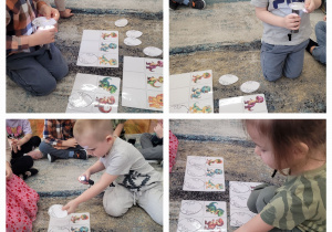 Kolaż zdjęć przedstawiający dzieci dopasowujących z wykorzystaniem latarki jajo do właściwego dinozaura.