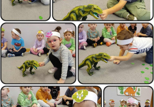 Kolaż prezentujący dzieci karmiące zabawkę dinozaura.