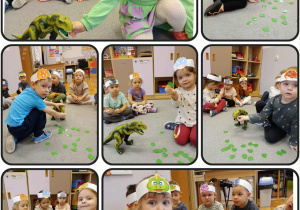 Kolaż z dziećmi karmiącymi zabawkę dinozaura.