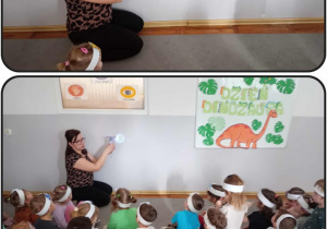 Kolaż dwóch zdjęć, na których dzieci oglądają dinozaury wyświetlane projektorem na ścianie.