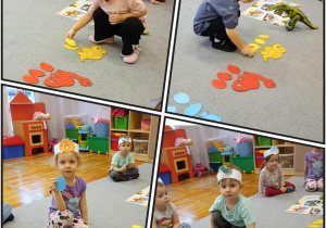 Kolaż prezentujący dzieci w trakcie segregowania jaj ze względu na kolor.