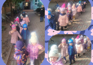 Kolaż zdjęć dzieci poszukujących oznak wiosny podczas spaceru