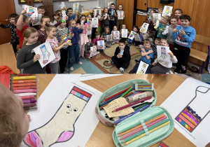 Kolaż przedstawia dzieci z grupy Smerfy oraz z 1 klasy, które pozują do zdjęcia podczas zajęć