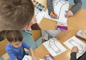 Kolaż przedstawia dzieci z grupy Smerfy oraz z klasy 1 podczas lekcji pokazowej