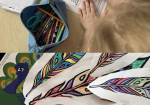 Kolaż przedstawia dzieci z grupy Smerfy uzupełniające swoje albumy projektowe oraz tworzące pracę plastyczną