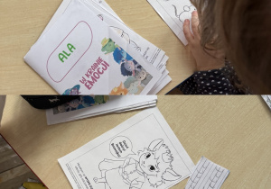 Kolaż przedstawia dzieci z grupy Smerfy uzupełniające swoje albumy projektowe