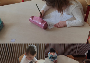 Dzieci z grupy Misie podczas aktywności przy stolikach dotyczących pracy stomatologa.