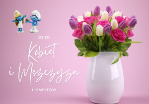 Grafika przedstawia napis Dzień Kobiet i Mężczyzn u Smerfów oraz tematyczne symbole