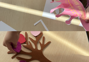 Kolaż przedstawia dzieci z grupy Smerfy wykonujące drzewko przyjaźni oraz opaski na głowę z koronami