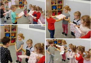 Kolaż prezentujący chłopców wręczających upominki dla dziewczynek.