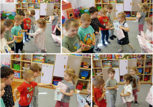 Cztery zdjęcia prezentujące przekazywanie lizaków przez dziewczynki ich kolegom.