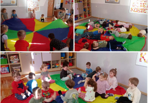 Kolaż prezentujący zdjęcia przedszkolaków w trakcie zabawy z chustą animacyjną.