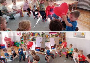 Trzy zdjęcia prezentujące przedszkolaków siedzących w kole na krzesłach i podających sobie balon.