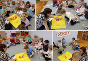 Kolaż prezentujący wyklejanie wazonu kwiatami z bibuły.