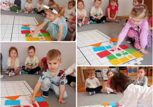 Kolaż prezentujący dzieci w trakcie zabaw w kodowanie figur geometrycznych.