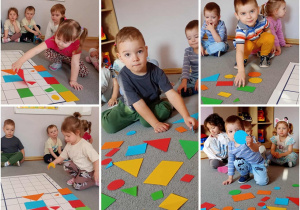 Kolaż prezentujący dzieci w trakcie zabaw w kodowanie figur geometrycznych.