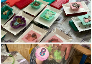 Podczas warsztatów dzieci z zaangażowaniem tworzyły kolorowe, pachnące mydełka, które na koniec zapakowały jako wyjątkowy prezent na Dzień Kobiet.