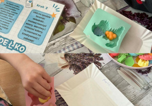 Kolaż przedstawia dzieci przygotowujące swoje mydełka glicerynowe