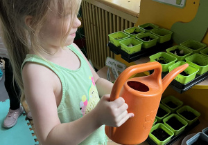 Dziewczynka podlewa swoją roślinkę.