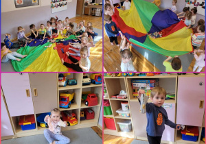 Kolaż zdjęć dzieci podczas zabawy z chustą animacyjną