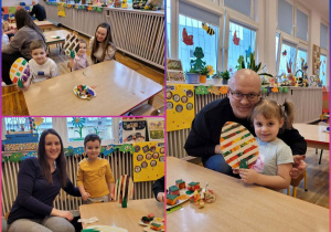 Kolaż zdjęć dzieci wraz z rodzicami prezentujących swoje pisanki