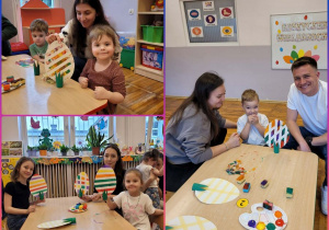 Kolaż zdjęć dzieci wraz z rodzicami prezentujących swoje pisanki