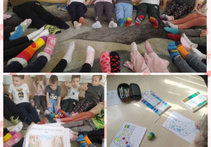 Kolaż zdjęć przedstawiający dzieci z grupy Smerfy z okazji Dnia Kolorowej Skarpetki.