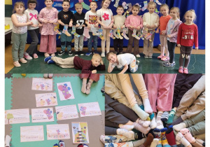 Kolaż zdjęć przedstawiający dzieci z grupy Żabki podczas Dnia Kolorowej Skarpetki.