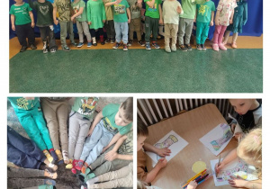 Kolaż zdjęć dzieci z grupy Słoneczka podczas aktywności z okazji Dnia Kolorowej Skarpetki.