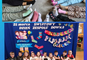 Kolaż zdjęć dzieci z grupy Motylki podczas obchodów Dnia Kolorowej Skarpetki.