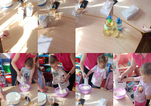 Kolaż zdjęć dzieci ubijających pianę z białek.